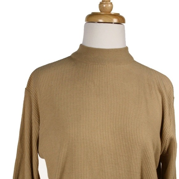 Vintage Tan Mock Turtle Neck Ribbed Sweater Top Deadstock 1970s Size L - Hey Viv - Picture 2 of 5